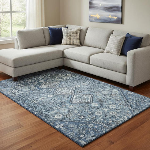8' X 10' Blue And Ivory Geometric Washable Area Rug With UV Protection