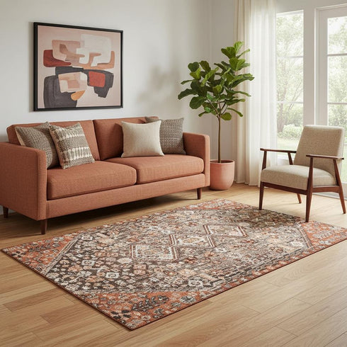 5' X 8' Chocolate Rust And Ivory Geometric Washable Area Rug With UV Protection