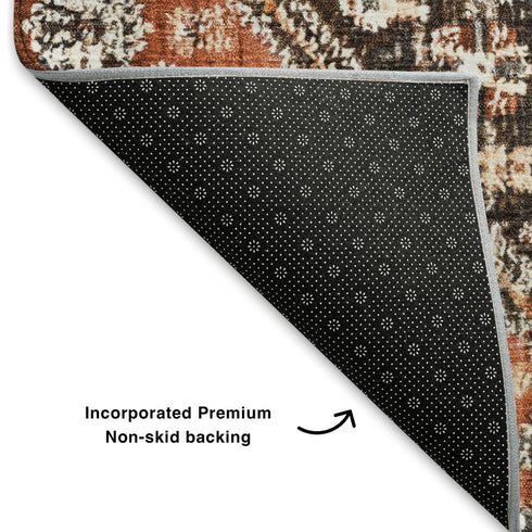 5' X 8' Chocolate Rust And Ivory Geometric Washable Area Rug With UV Protection