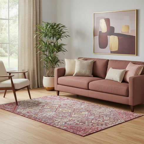 5' X 8' Merlot And Lavender Geometric Washable Area Rug With UV Protection