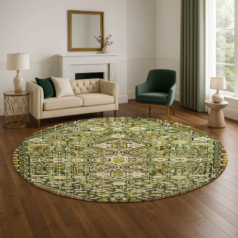 8' Olive Green Ivory And Brown Geometric Washable Round Rug With UV Protection