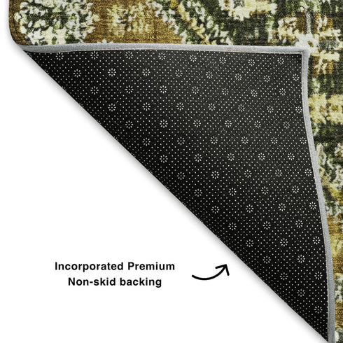 8' Olive Green Ivory And Brown Geometric Washable Round Rug With UV Protection