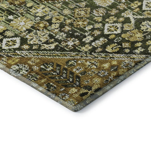 8' Olive Green Ivory And Brown Geometric Washable Round Rug With UV Protection