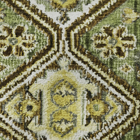 8' Olive Green Ivory And Brown Geometric Washable Round Rug With UV Protection