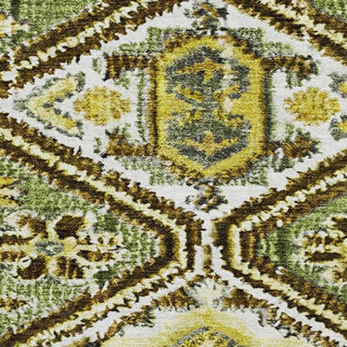 8' Olive Green Ivory And Brown Geometric Washable Round Rug With UV Protection