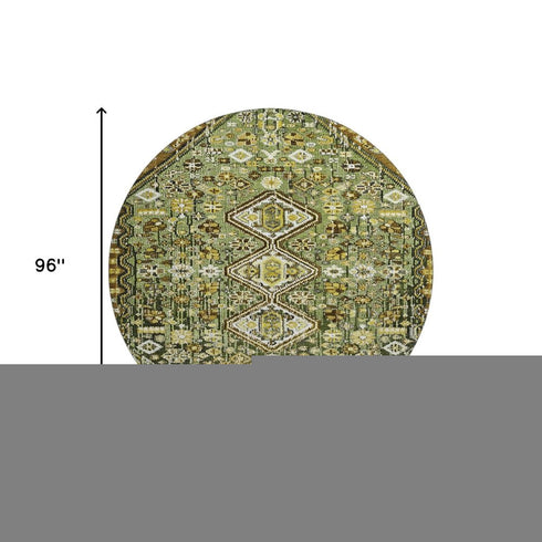 8' Olive Green Ivory And Brown Geometric Washable Round Rug With UV Protection