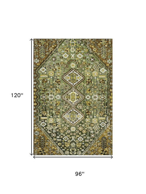 8' X 10' Olive Green Ivory And Brown Geometric Washable Area Rug With UV Protection