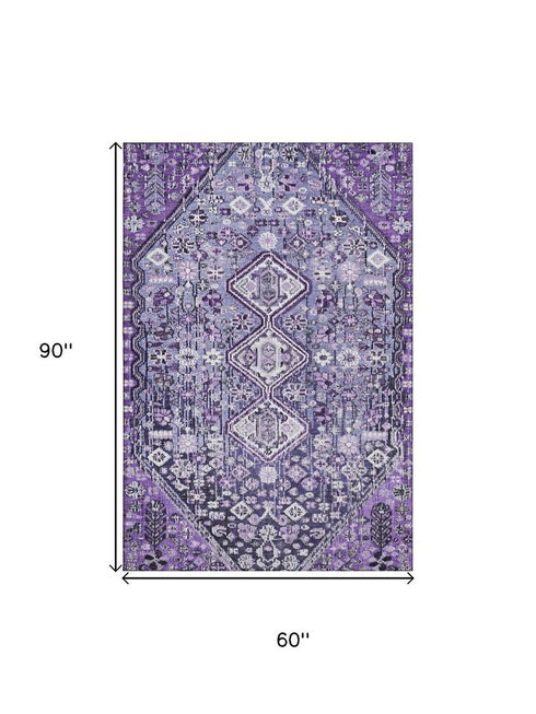 5' X 8' Purple And Ivory Geometric Washable Area Rug With UV Protection