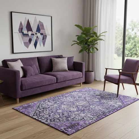 5' X 8' Purple And Ivory Geometric Washable Area Rug With UV Protection