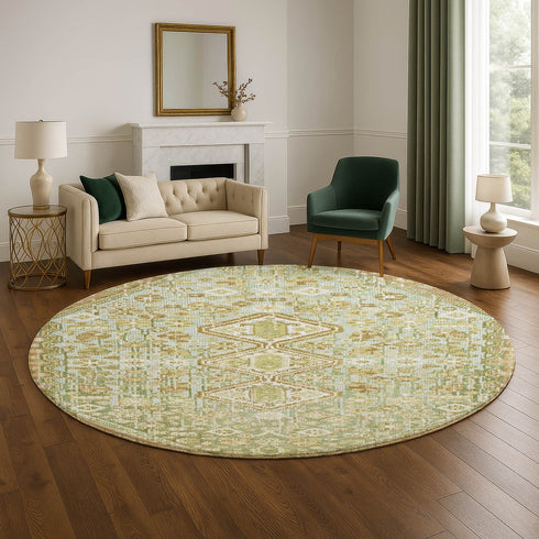8' Sage Ivory And Tan Geometric Washable Round Rug With UV Protection