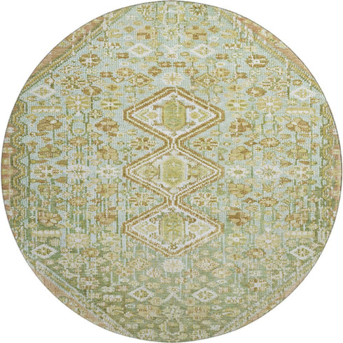 8' Sage Ivory And Tan Geometric Washable Round Rug With UV Protection