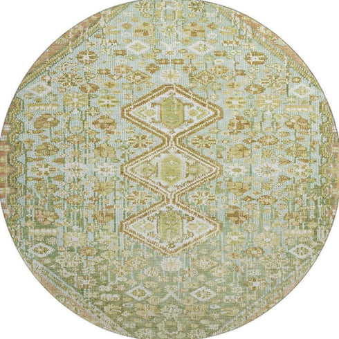 8' Sage Ivory And Tan Geometric Washable Round Rug With UV Protection