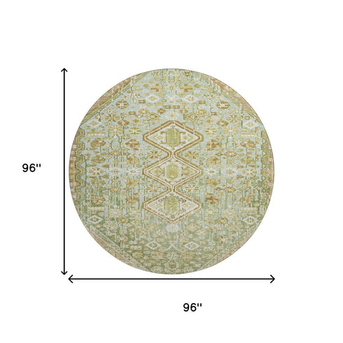 8' Sage Ivory And Tan Geometric Washable Round Rug With UV Protection