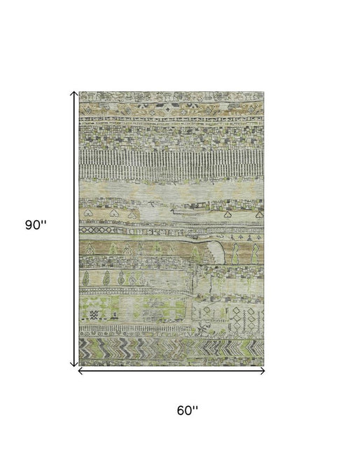 5' X 8' Beige Green And Gray Striped Washable Area Rug With UV Protection