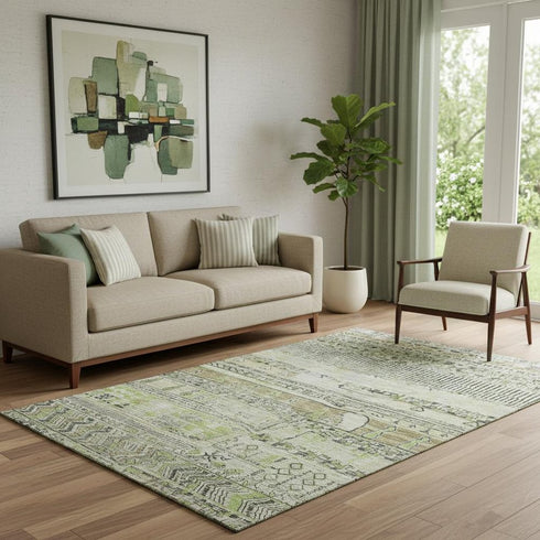 5' X 8' Beige Green And Gray Striped Washable Area Rug With UV Protection