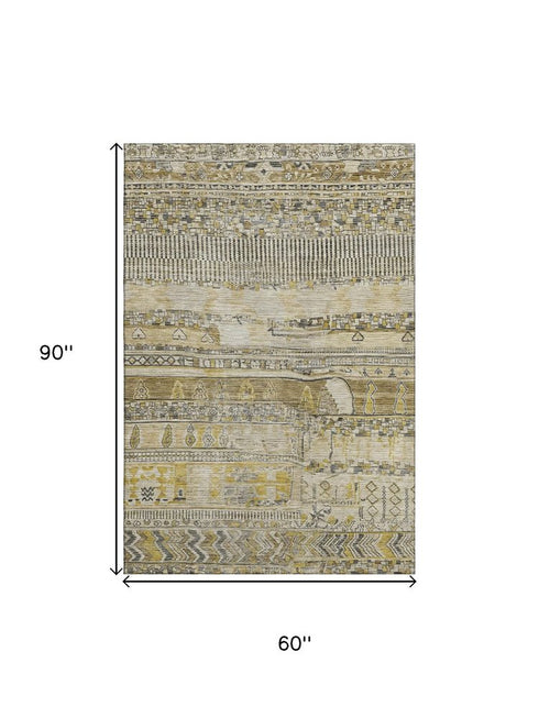 5' X 8' Brown Beige And Gray Striped Washable Area Rug With UV Protection