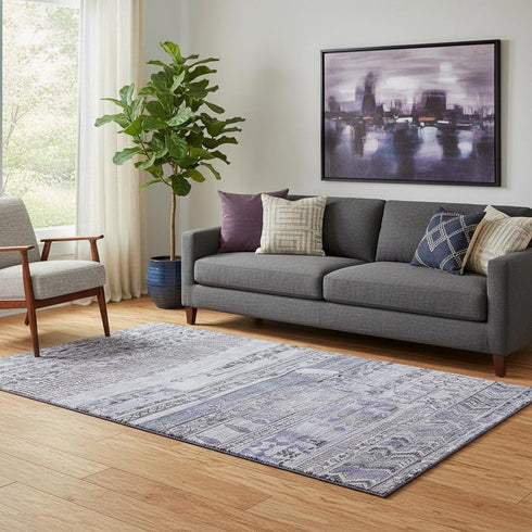 5' X 8' Blue And Gray Striped Washable Area Rug With UV Protection