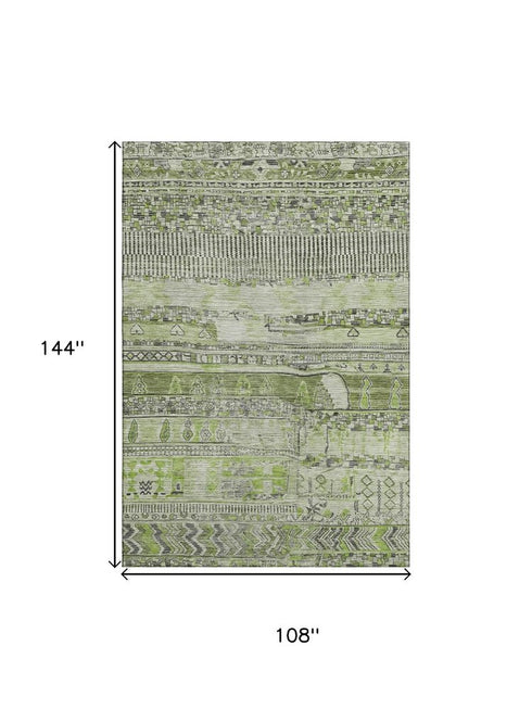 9' X 12' Olive Green And Gray Striped Washable Area Rug With UV Protection