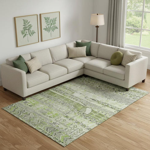 9' X 12' Olive Green And Gray Striped Washable Area Rug With UV Protection