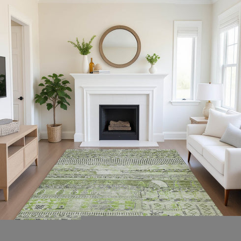 9' X 12' Olive Green And Gray Striped Washable Area Rug With UV Protection