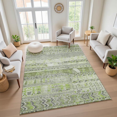 9' X 12' Olive Green And Gray Striped Washable Area Rug With UV Protection