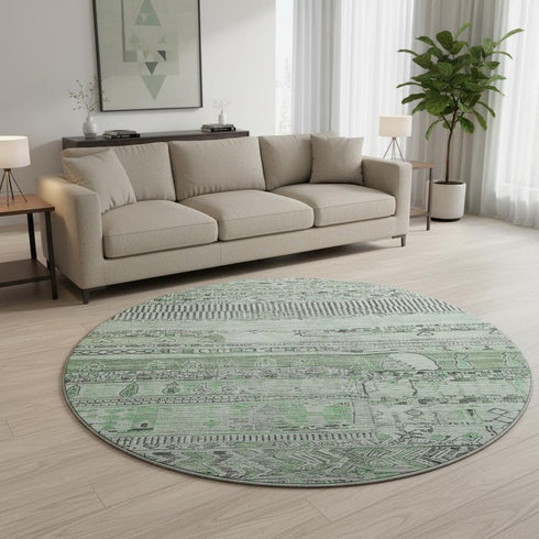 8' Sage And Gray Striped Washable Round Rug With UV Protection