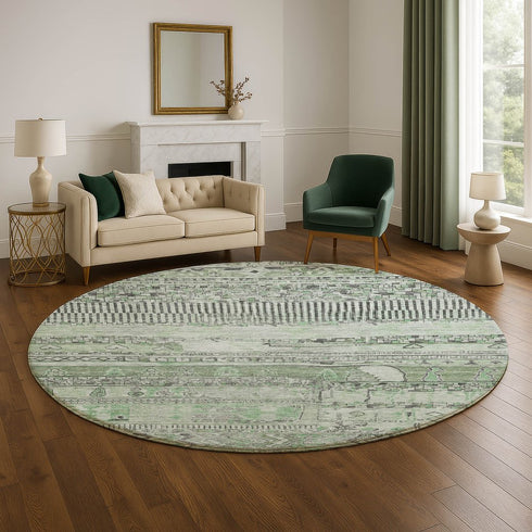 8' Sage And Gray Striped Washable Round Rug With UV Protection