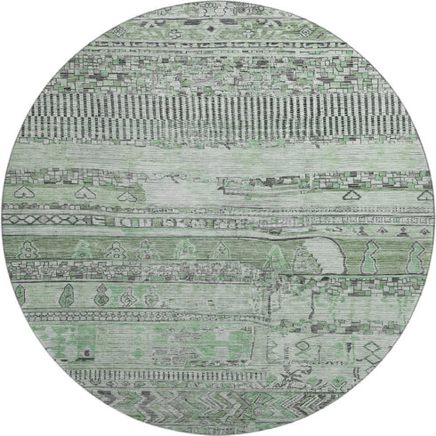 8' Sage And Gray Striped Washable Round Rug With UV Protection