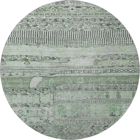 8' Sage And Gray Striped Washable Round Rug With UV Protection