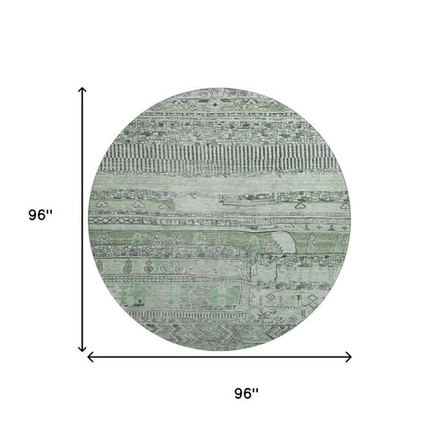 8' Sage And Gray Striped Washable Round Rug With UV Protection