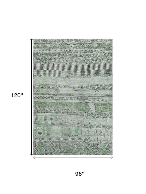 8' X 10' Sage And Gray Striped Washable Area Rug With UV Protection