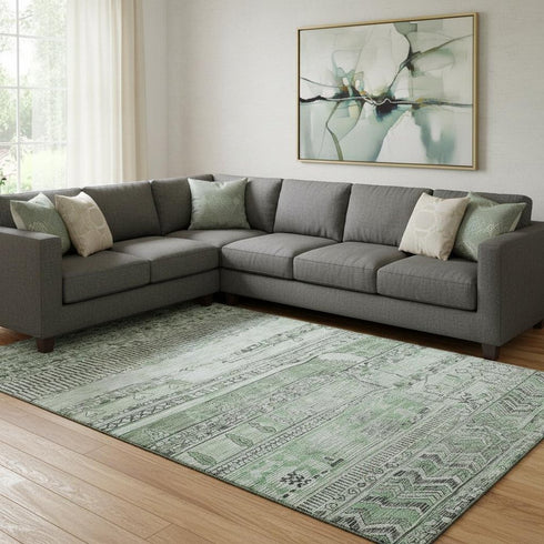 8' X 10' Sage And Gray Striped Washable Area Rug With UV Protection