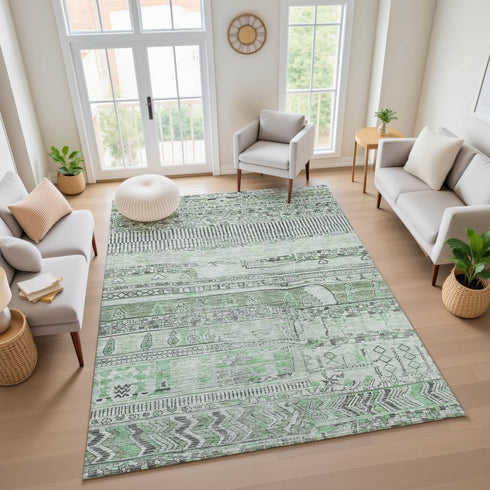 8' X 10' Sage And Gray Striped Washable Area Rug With UV Protection