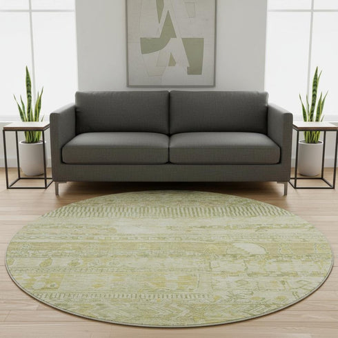 8' Tan And Beige Striped Washable Round Rug With UV Protection