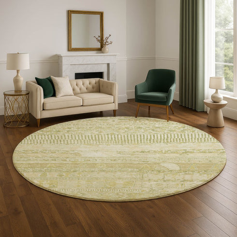 8' Tan And Beige Striped Washable Round Rug With UV Protection
