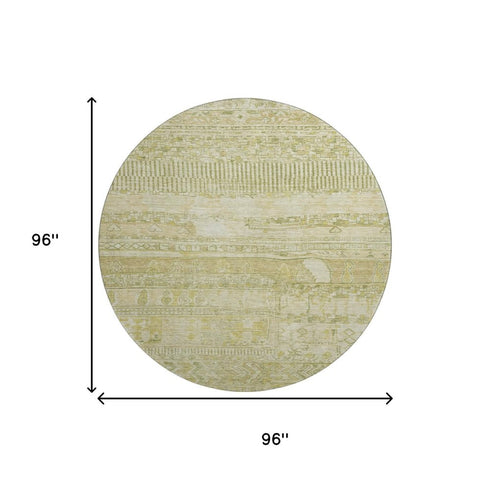 8' Tan And Beige Striped Washable Round Rug With UV Protection