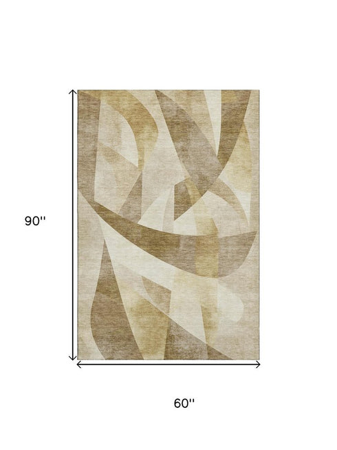 5' X 8' Brown Beige And Ivory Abstract Geometric Washable Area Rug With UV Protection