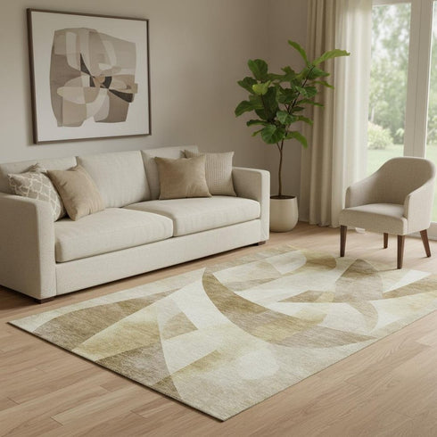 5' X 8' Brown Beige And Ivory Abstract Geometric Washable Area Rug With UV Protection