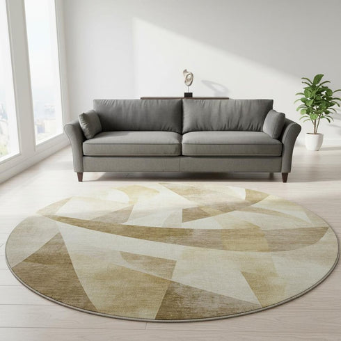 8' Brown Beige And Ivory Abstract Geometric Washable Round Rug With UV Protection