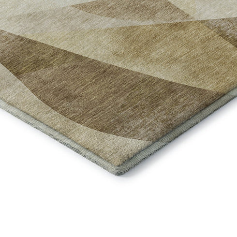 8' Brown Beige And Ivory Abstract Geometric Washable Round Rug With UV Protection