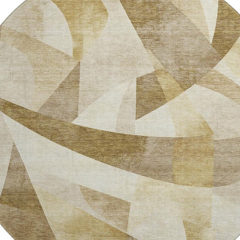 8' Brown Beige And Ivory Abstract Geometric Washable Round Rug With UV Protection