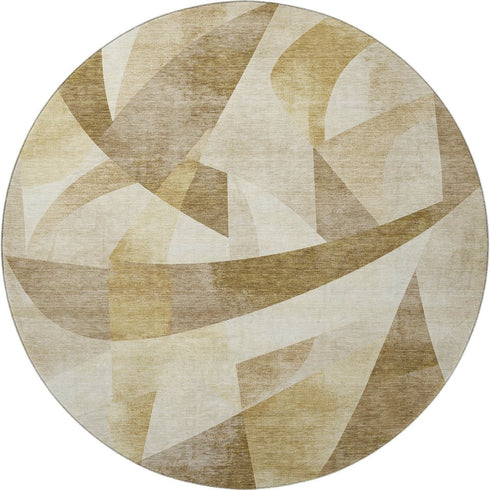 8' Brown Beige And Ivory Abstract Geometric Washable Round Rug With UV Protection