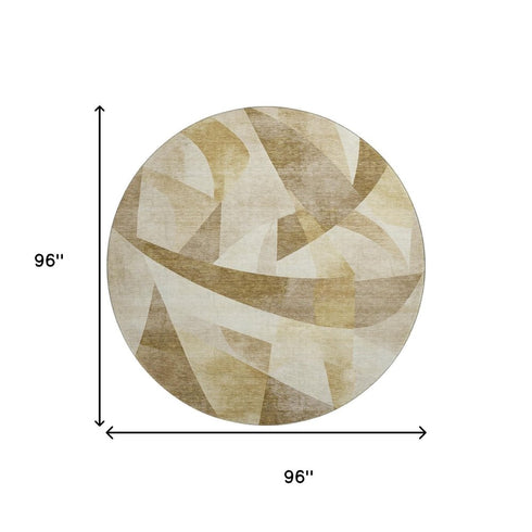 8' Brown Beige And Ivory Abstract Geometric Washable Round Rug With UV Protection