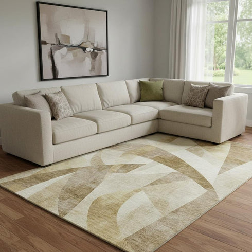 8' X 10' Brown Beige And Ivory Abstract Geometric Washable Area Rug With UV Protection