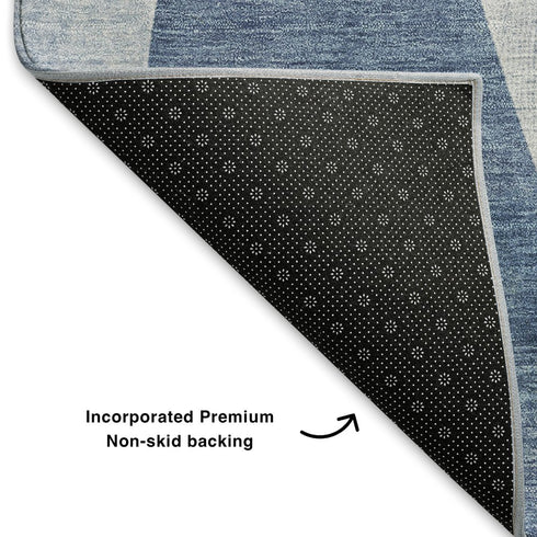 5' X 8' Denim Blue And Ivory Abstract Geometric Washable Area Rug With UV Protection