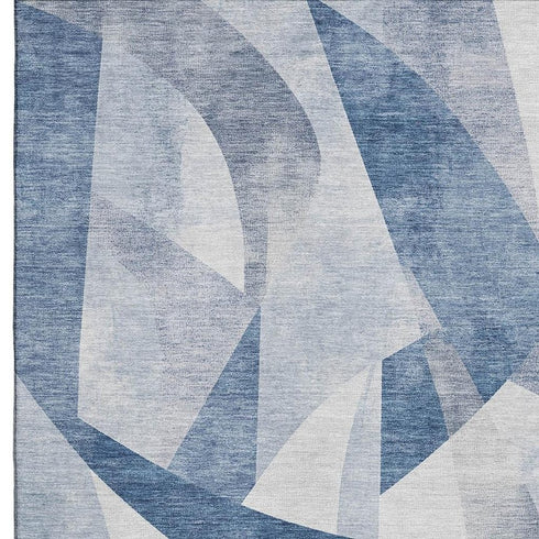 5' X 8' Denim Blue And Ivory Abstract Geometric Washable Area Rug With UV Protection