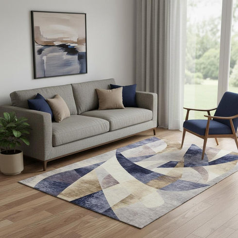 5' X 8' Navy Blue Ivory And Brown Abstract Geometric Washable Area Rug With UV Protection