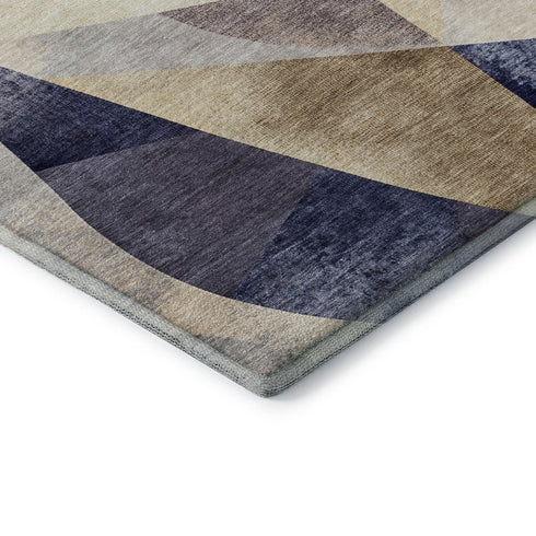 5' X 8' Navy Blue Ivory And Brown Abstract Geometric Washable Area Rug With UV Protection