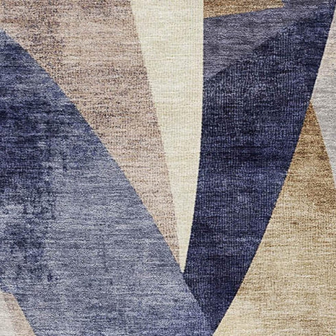 5' X 8' Navy Blue Ivory And Brown Abstract Geometric Washable Area Rug With UV Protection