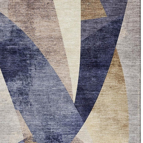 5' X 8' Navy Blue Ivory And Brown Abstract Geometric Washable Area Rug With UV Protection